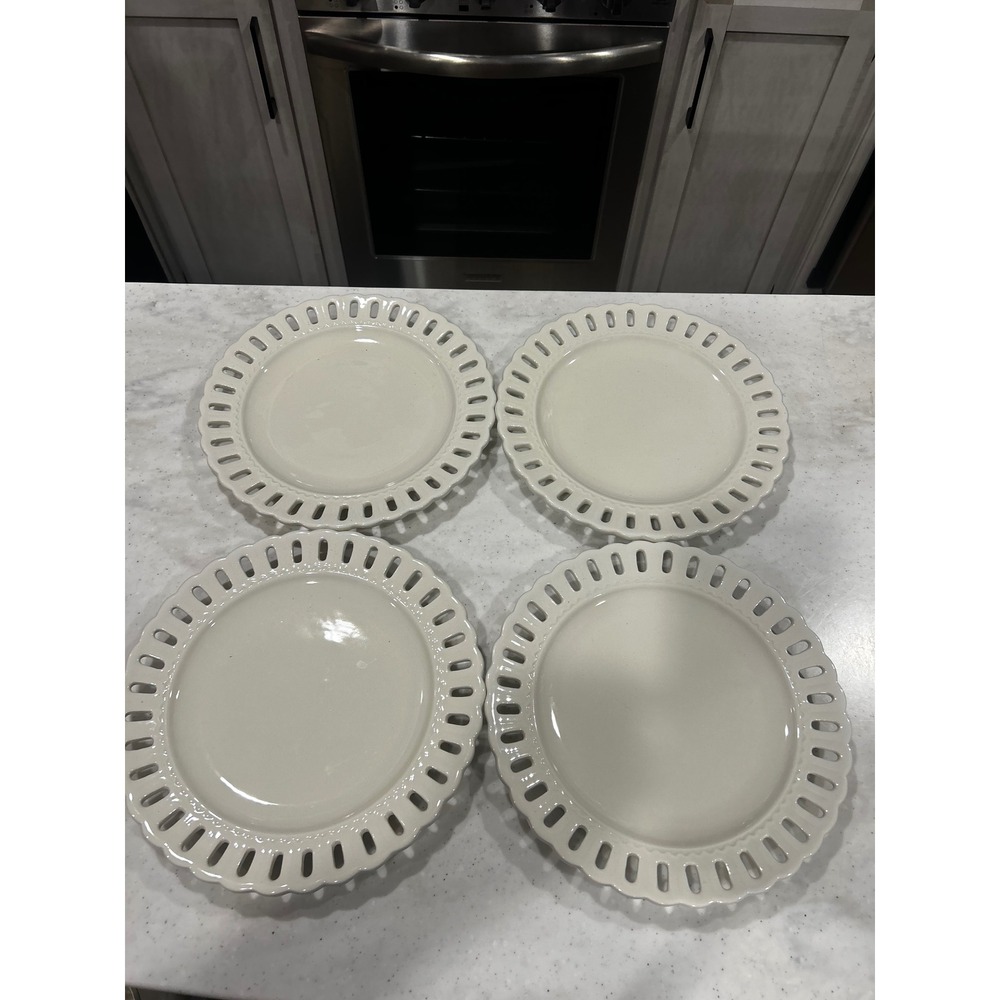 4 Portmeirion Studio Valerie White Dinner Plates Reticulated Rim Lace Lattice